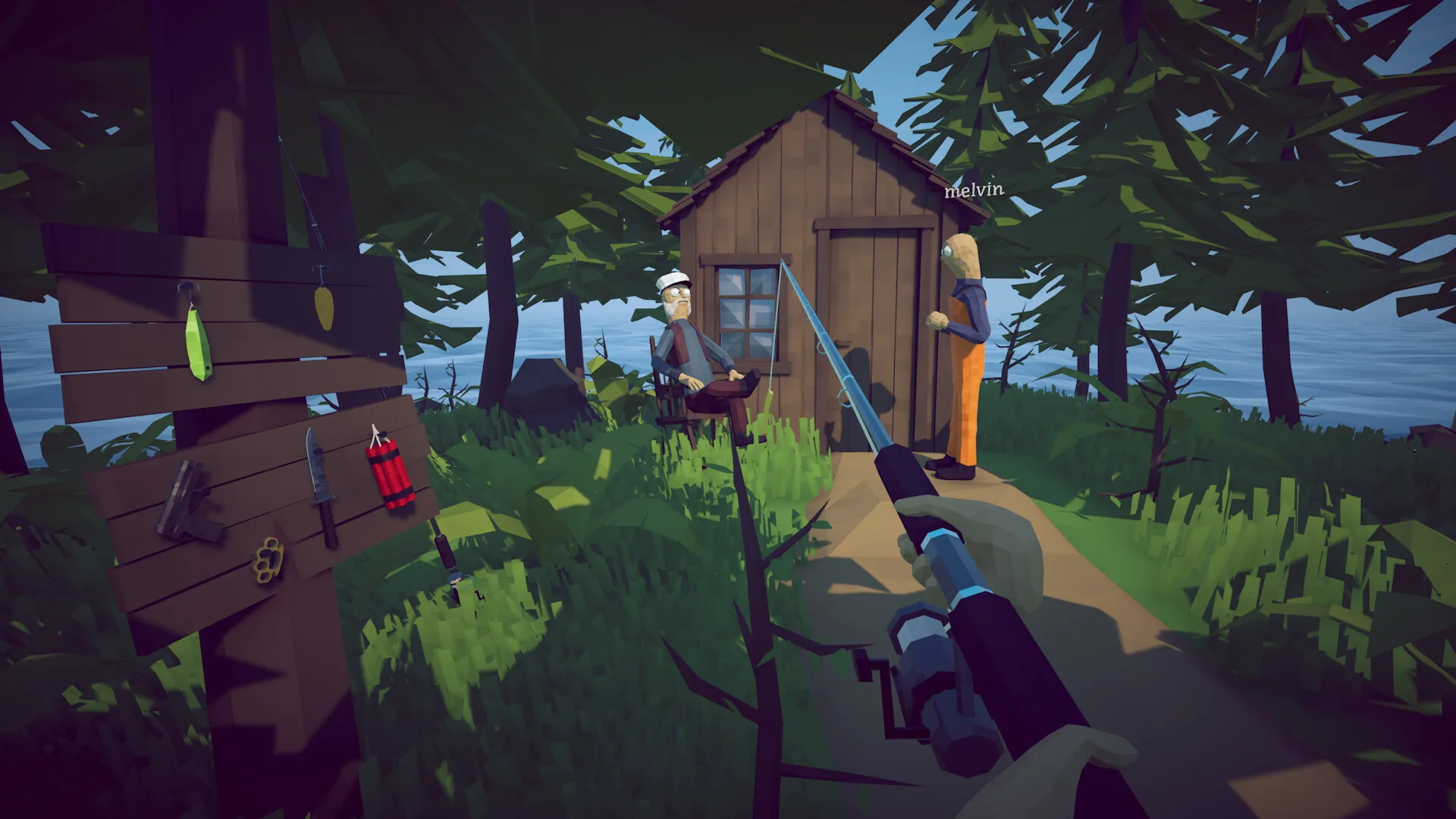 A wooded island cabin scene with players and fishing gear.