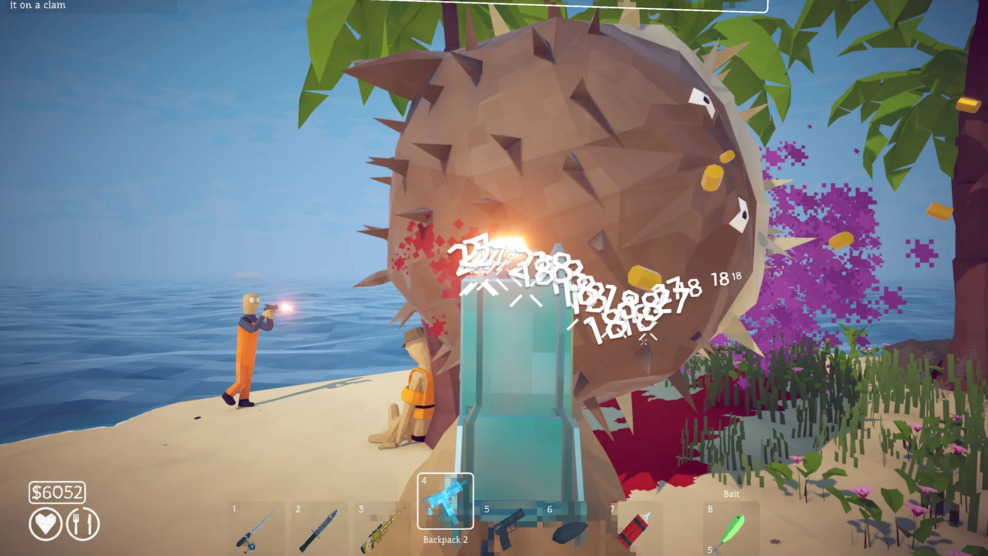 Players confronting a giant Pufferfish on a tropical shore.