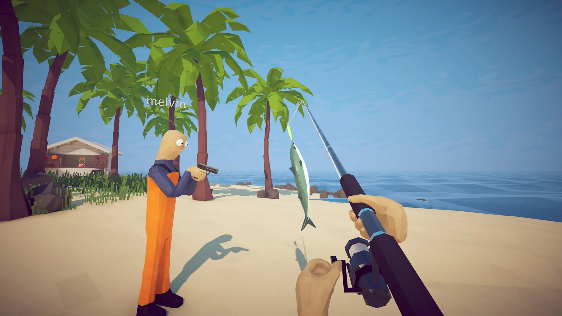 A player fishing on a bright tropical beach.