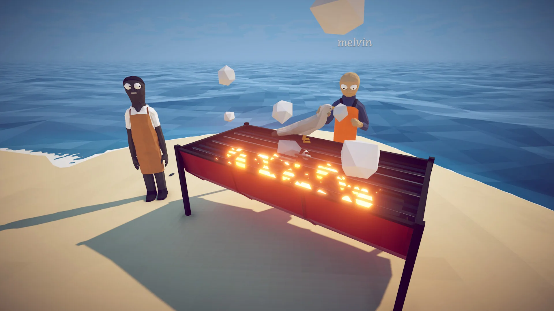 Players grilling a catch beside a glowing value display.