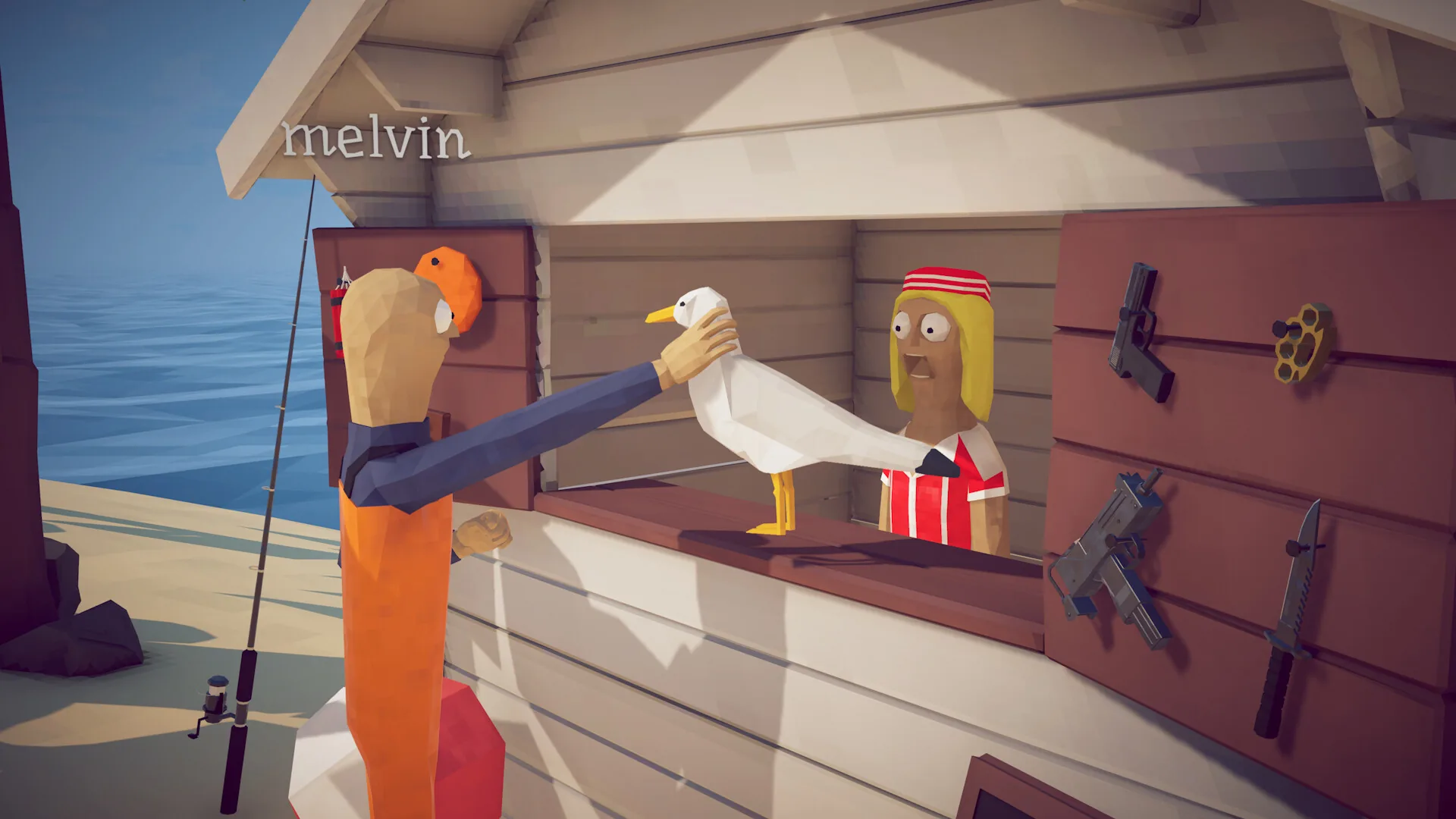 A player trading with a shopkeeper in a wooden island shop.