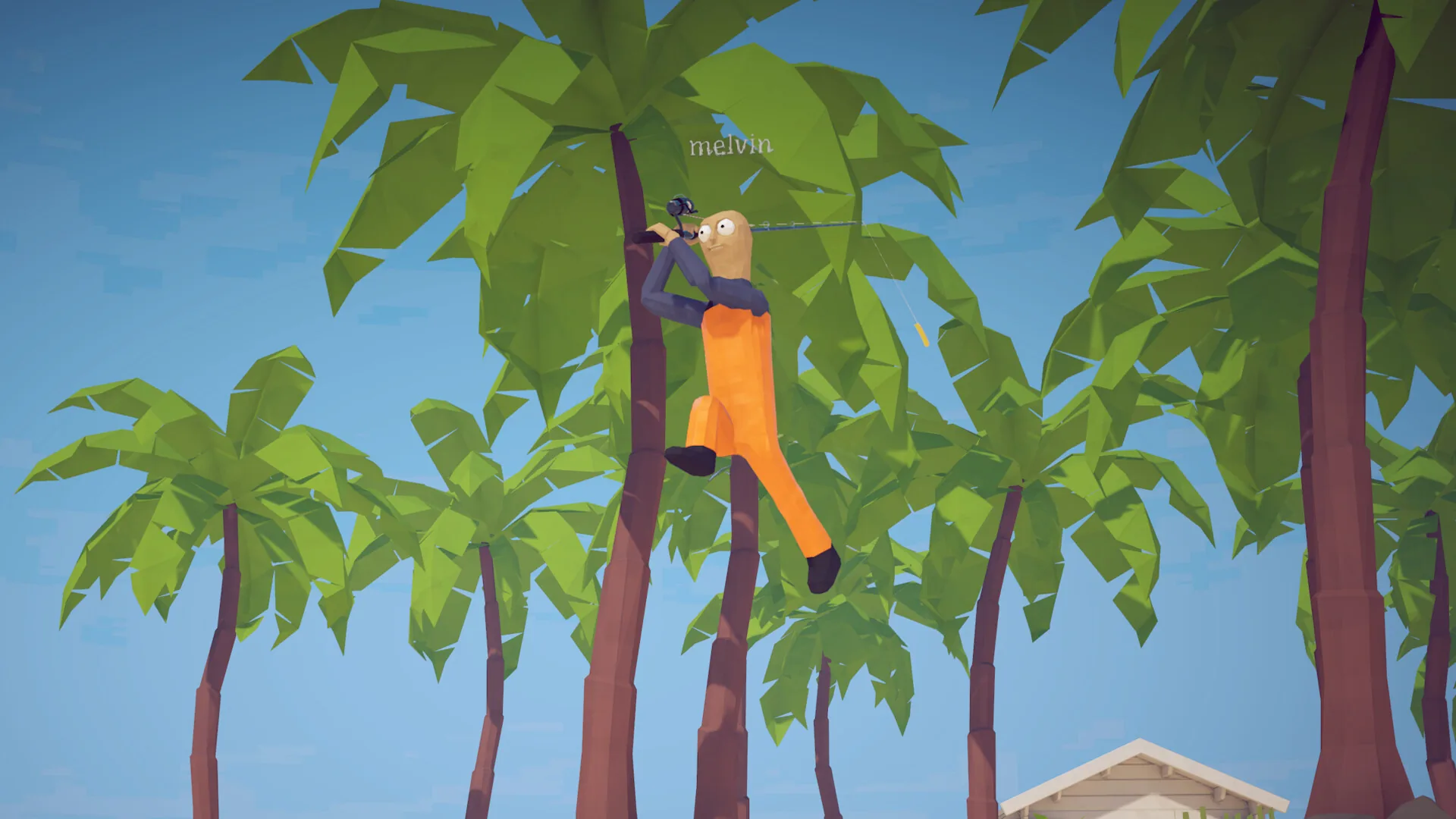 A player climbing a palm tree above the island.