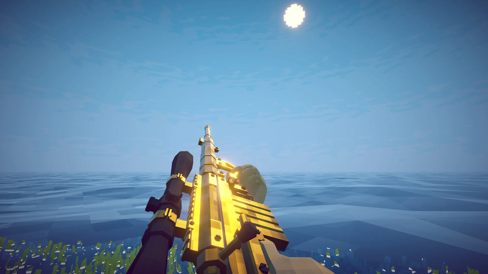 A player holding a glowing golden catch beside the sea.